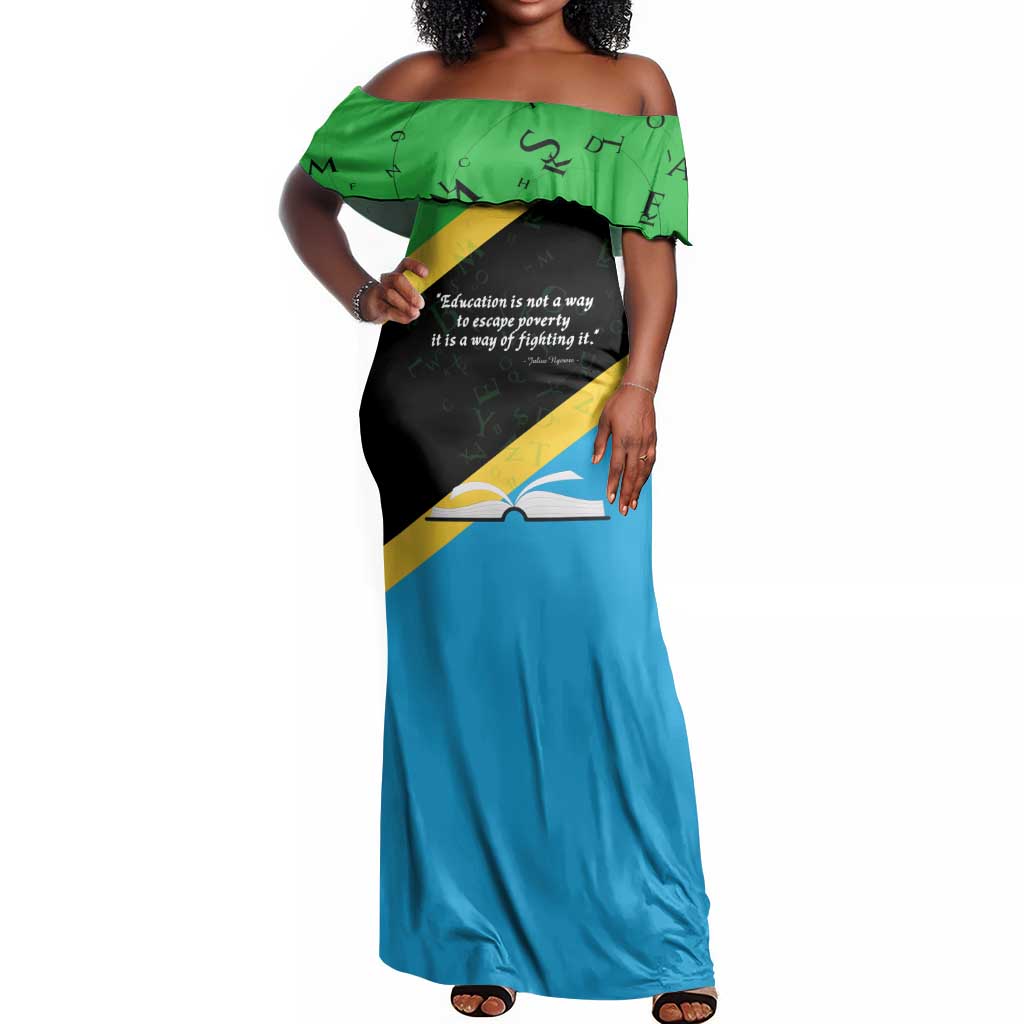 Julius Nyerere Off Shoulder Maxi Dress Education is a Way of Fighting Poverty Quote and Tanzanian Flag Alphabet - African Pride