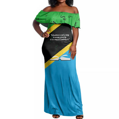 Julius Nyerere Off Shoulder Maxi Dress Education is a Way of Fighting Poverty Quote and Tanzanian Flag Alphabet - African Pride