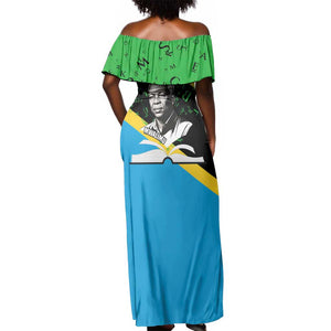Julius Nyerere Off Shoulder Maxi Dress Education is a Way of Fighting Poverty Quote and Tanzanian Flag Alphabet - African Pride