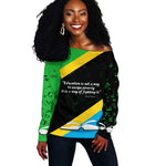 Julius Nyerere Off Shoulder Sweater Education is a Way of Fighting Poverty Quote and Tanzanian Flag Alphabet - African Pride
