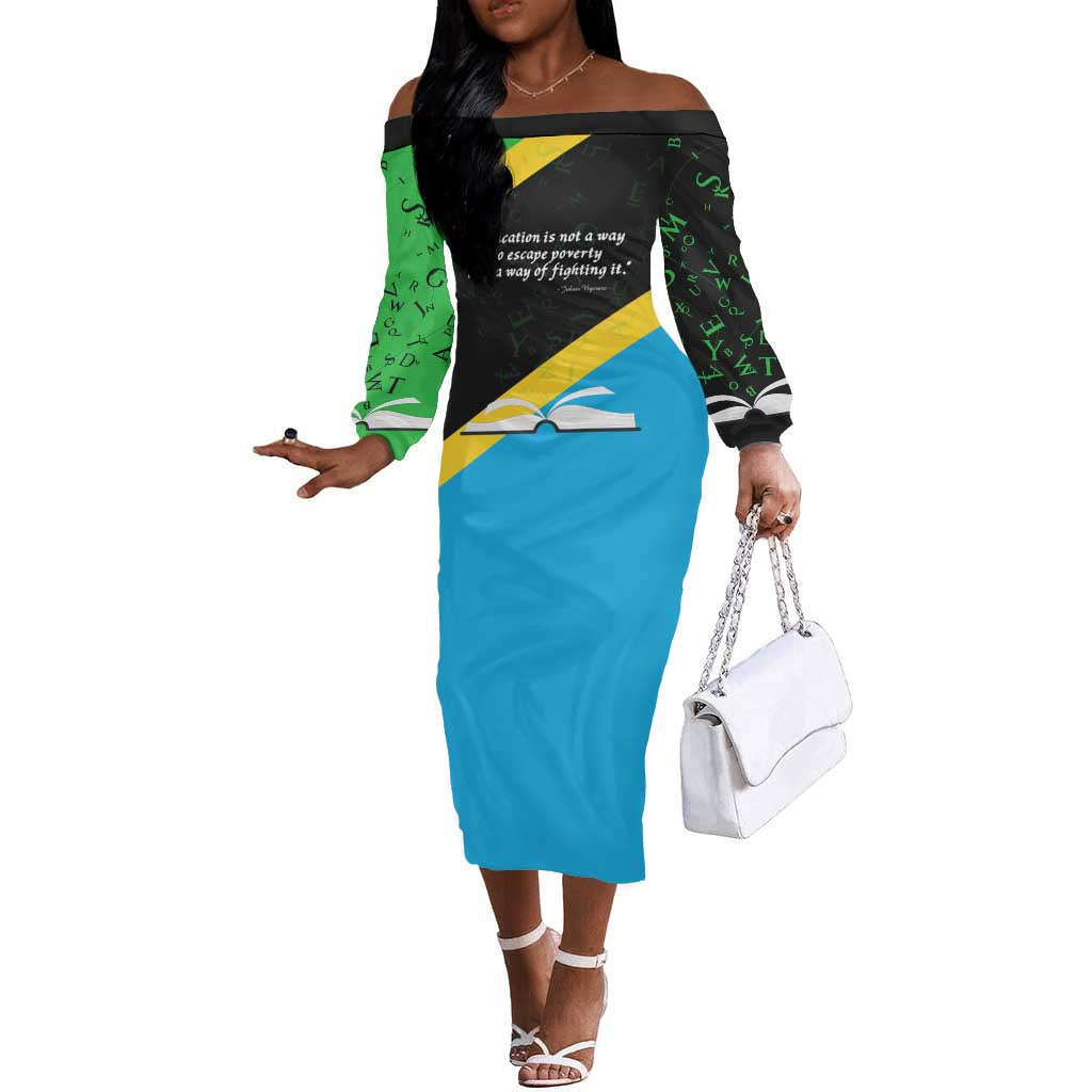 Julius Nyerere Off The Shoulder Long Sleeve Dress Education is a Way of Fighting Poverty Quote and Tanzanian Flag Alphabet - African Pride
