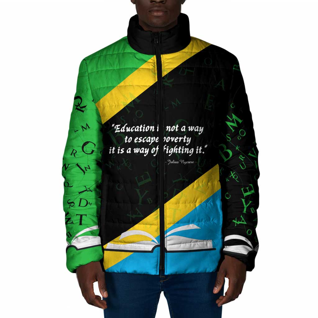 Julius Nyerere Padded Jacket Education is a Way of Fighting Poverty Quote and Tanzanian Flag Alphabet - African Pride