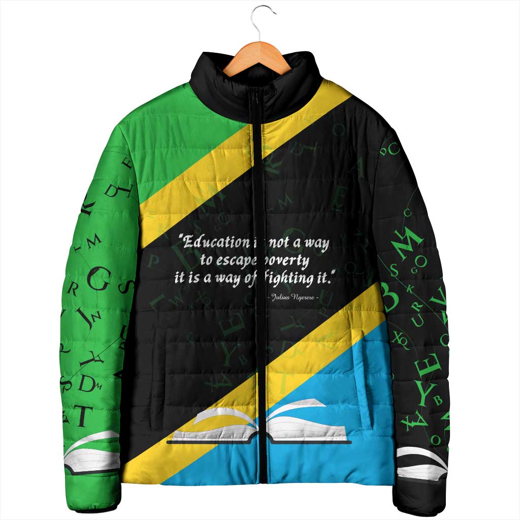 Julius Nyerere Padded Jacket Education is a Way of Fighting Poverty Quote and Tanzanian Flag Alphabet - African Pride
