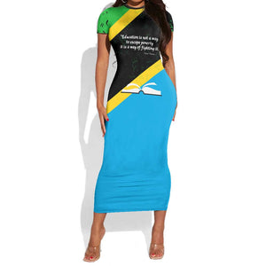 Julius Nyerere Short Sleeve Bodycon Dress Education is a Way of Fighting Poverty Quote and Tanzanian Flag Alphabet - African Pride