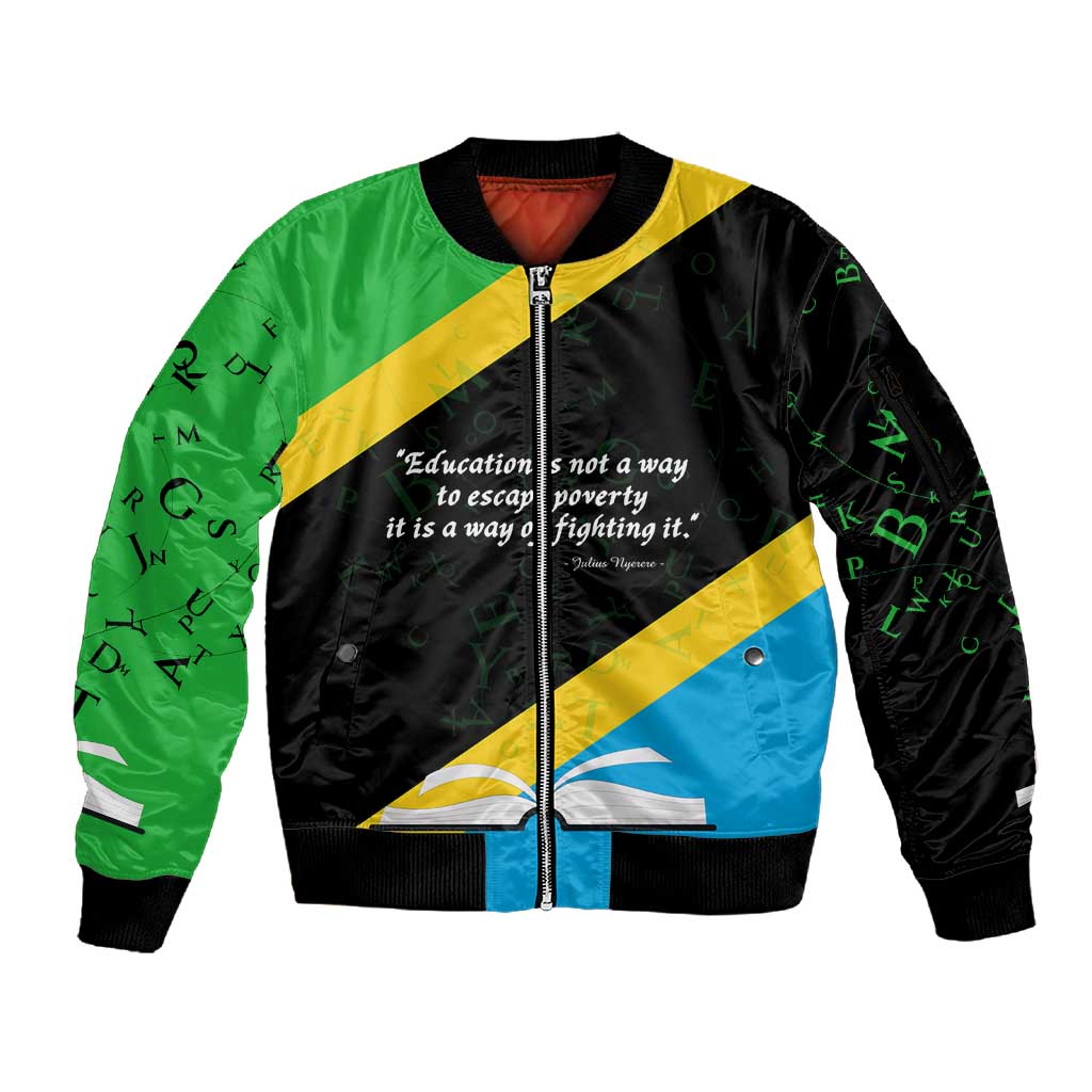 Julius Nyerere Sleeve Zip Bomber Jacket Education is a Way of Fighting Poverty Quote and Tanzanian Flag Alphabet - African Pride