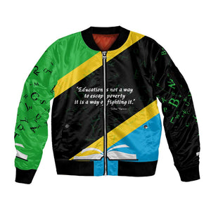 Julius Nyerere Sleeve Zip Bomber Jacket Education is a Way of Fighting Poverty Quote and Tanzanian Flag Alphabet - African Pride