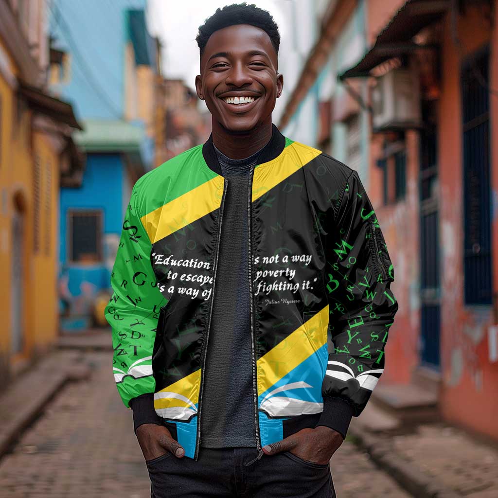 Julius Nyerere Sleeve Zip Bomber Jacket Education is a Way of Fighting Poverty Quote and Tanzanian Flag Alphabet - African Pride