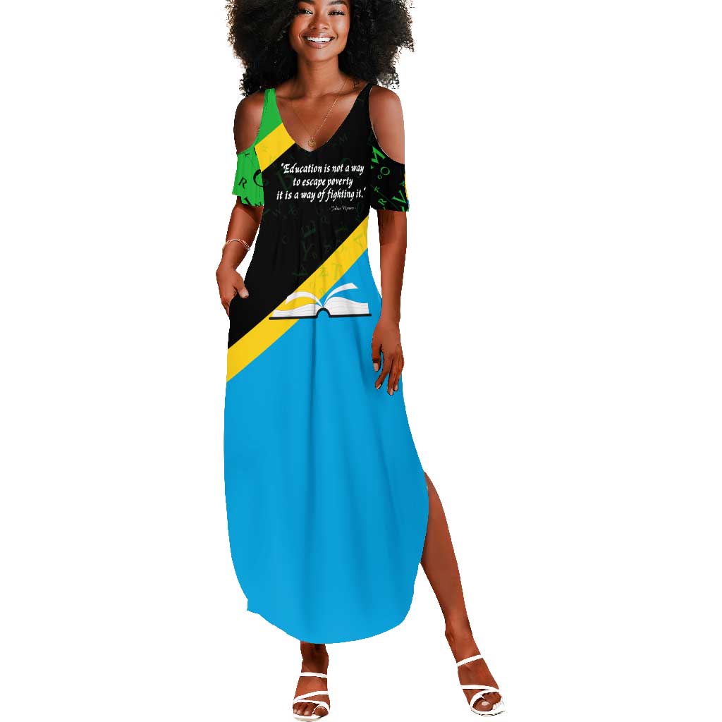 Julius Nyerere Summer Maxi Dress Education is a Way of Fighting Poverty Quote and Tanzanian Flag Alphabet - African Pride