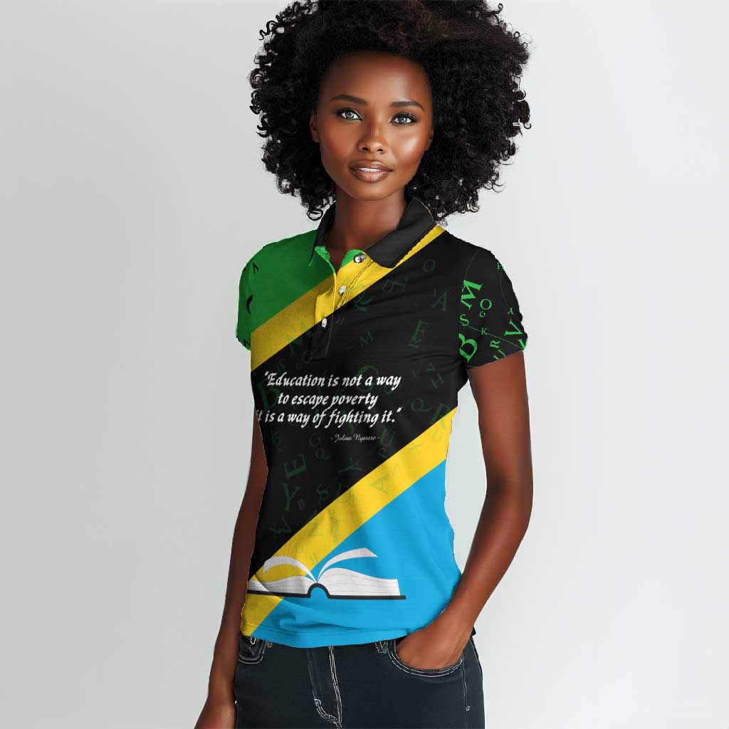 Julius Nyerere Women Polo Shirt Education is a Way of Fighting Poverty Quote and Tanzanian Flag Alphabet - African Pride