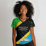 Julius Nyerere Women V-Neck T-Shirt Education is a Way of Fighting Poverty Quote and Tanzanian Flag Alphabet - African Pride