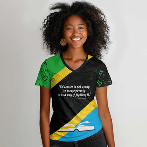 Julius Nyerere Women V-Neck T-Shirt Education is a Way of Fighting Poverty Quote and Tanzanian Flag Alphabet - African Pride