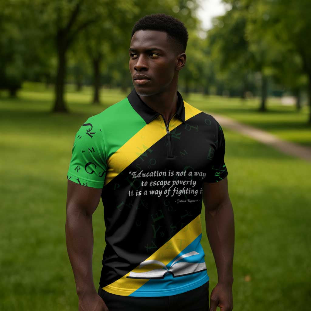 Julius Nyerere Zipper Polo Shirt Education is a Way of Fighting Poverty Quote and Tanzanian Flag Alphabet - African Pride