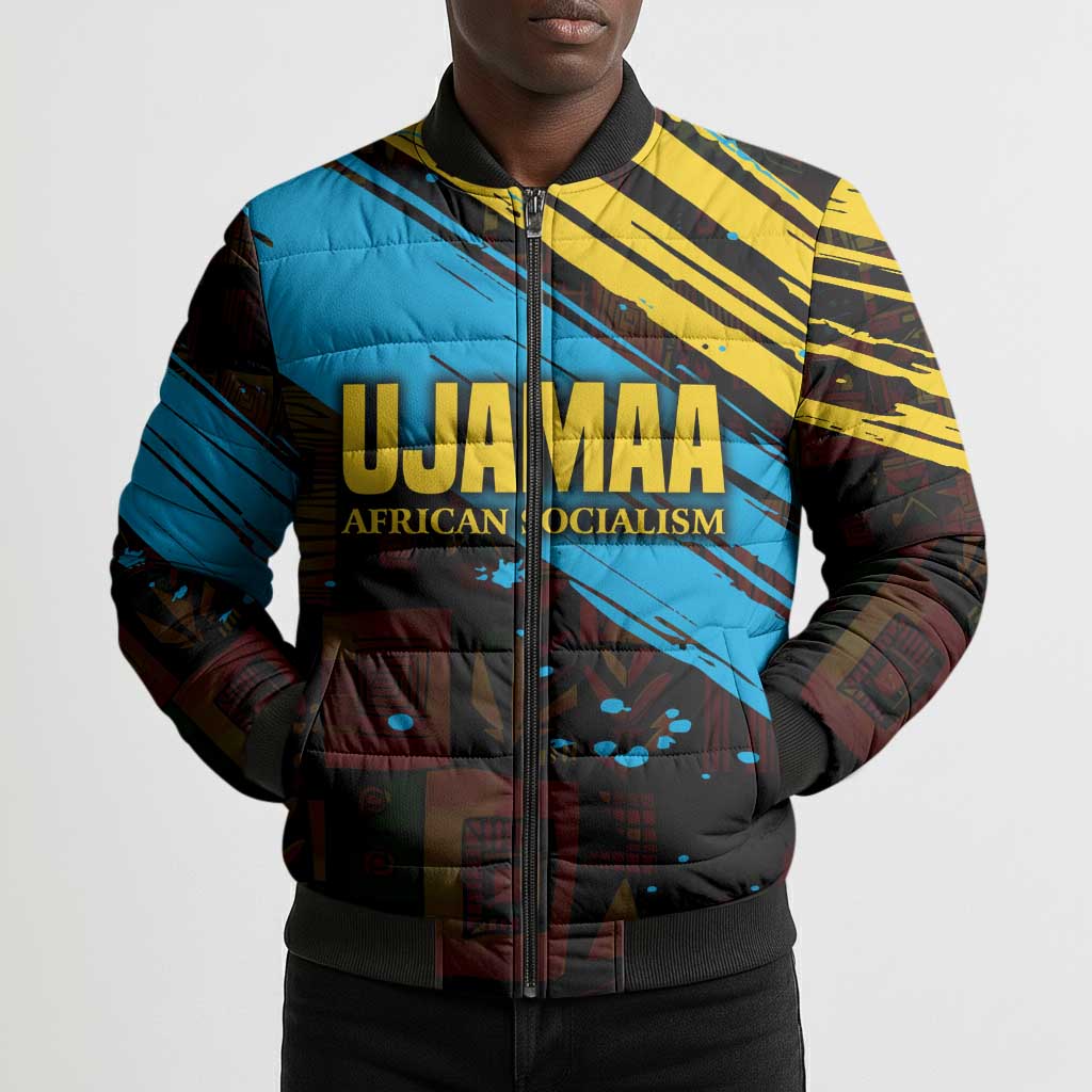 Julius Nyerere Bomber Puffer Jacket Ujamaa African Socialism Text and Bold Striped Pattern - African Pride