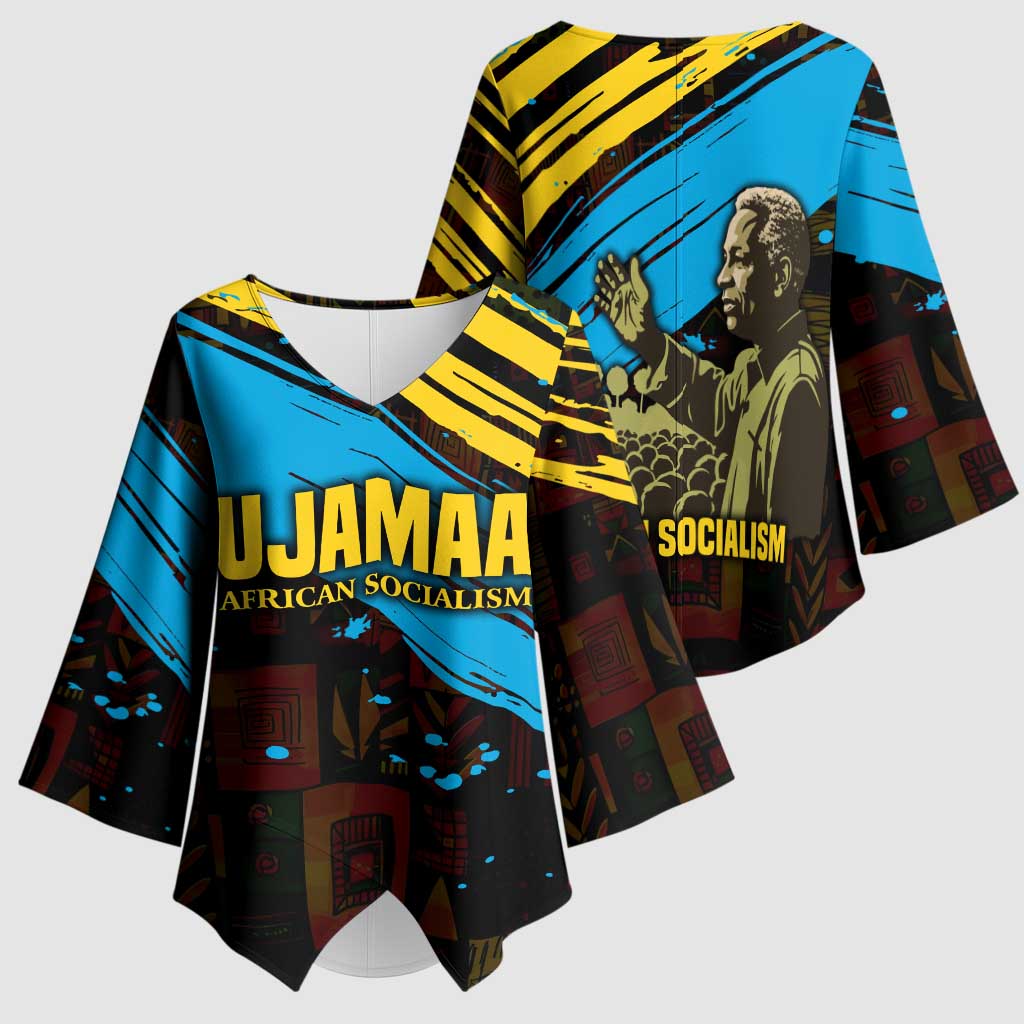 Julius Nyerere Kimono Sleeve Blouse Ujamaa African Socialism Text and Bold Striped Pattern - African Pride