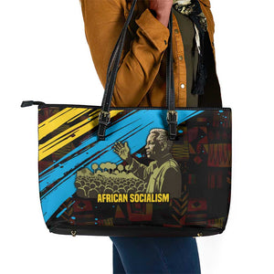 Julius Nyerere Leather Tote Bag Ujamaa African Socialism Text and Bold Striped Pattern - African Pride