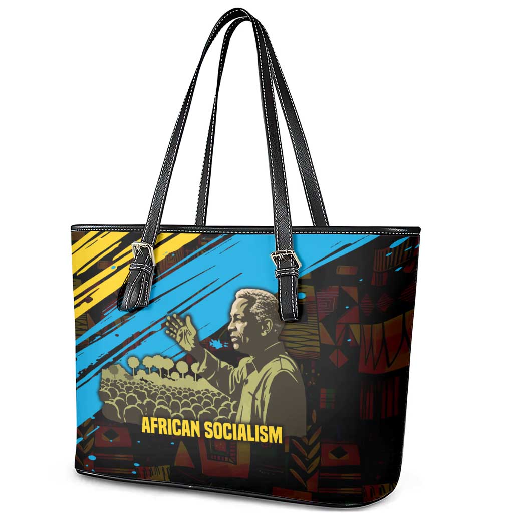 Julius Nyerere Leather Tote Bag Ujamaa African Socialism Text and Bold Striped Pattern - African Pride