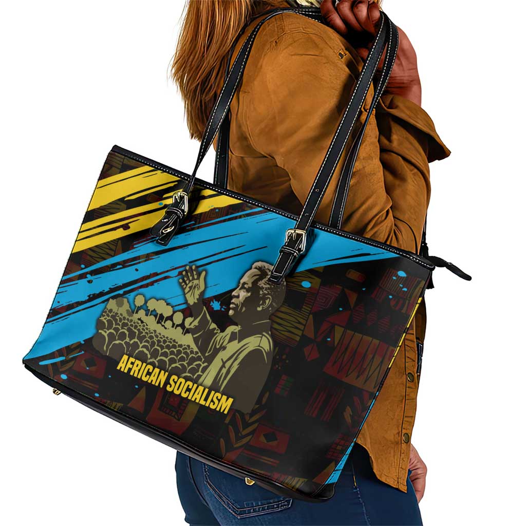 Julius Nyerere Leather Tote Bag Ujamaa African Socialism Text and Bold Striped Pattern - African Pride