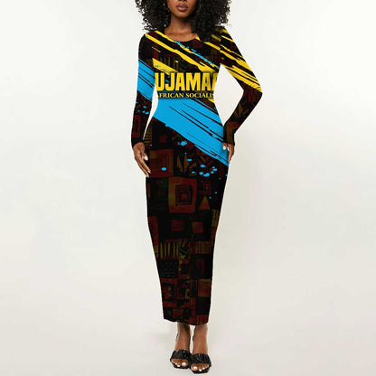 Julius Nyerere Long Sleeve Bodycon Dress Ujamaa African Socialism Text and Bold Striped Pattern - African Pride