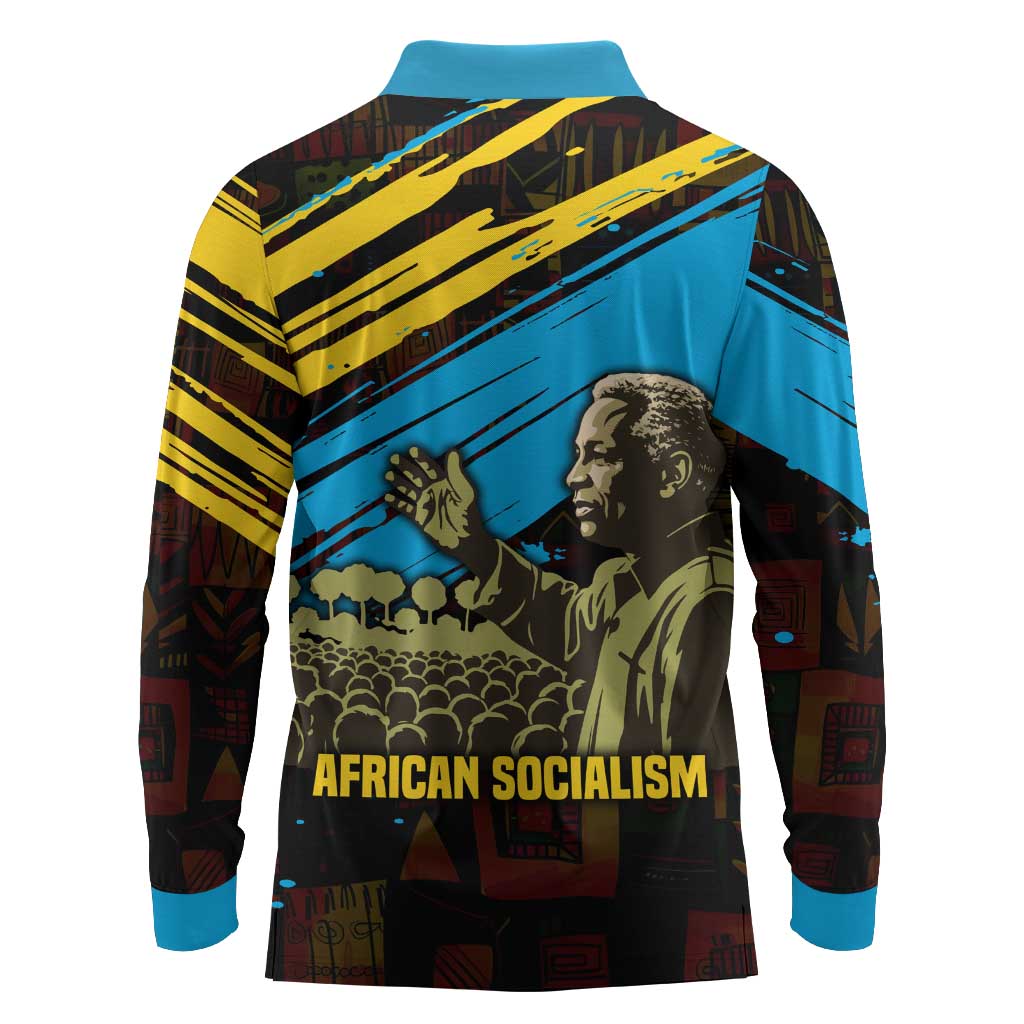 Julius Nyerere Long Sleeve Polo Shirt Ujamaa African Socialism Text and Bold Striped Pattern - African Pride