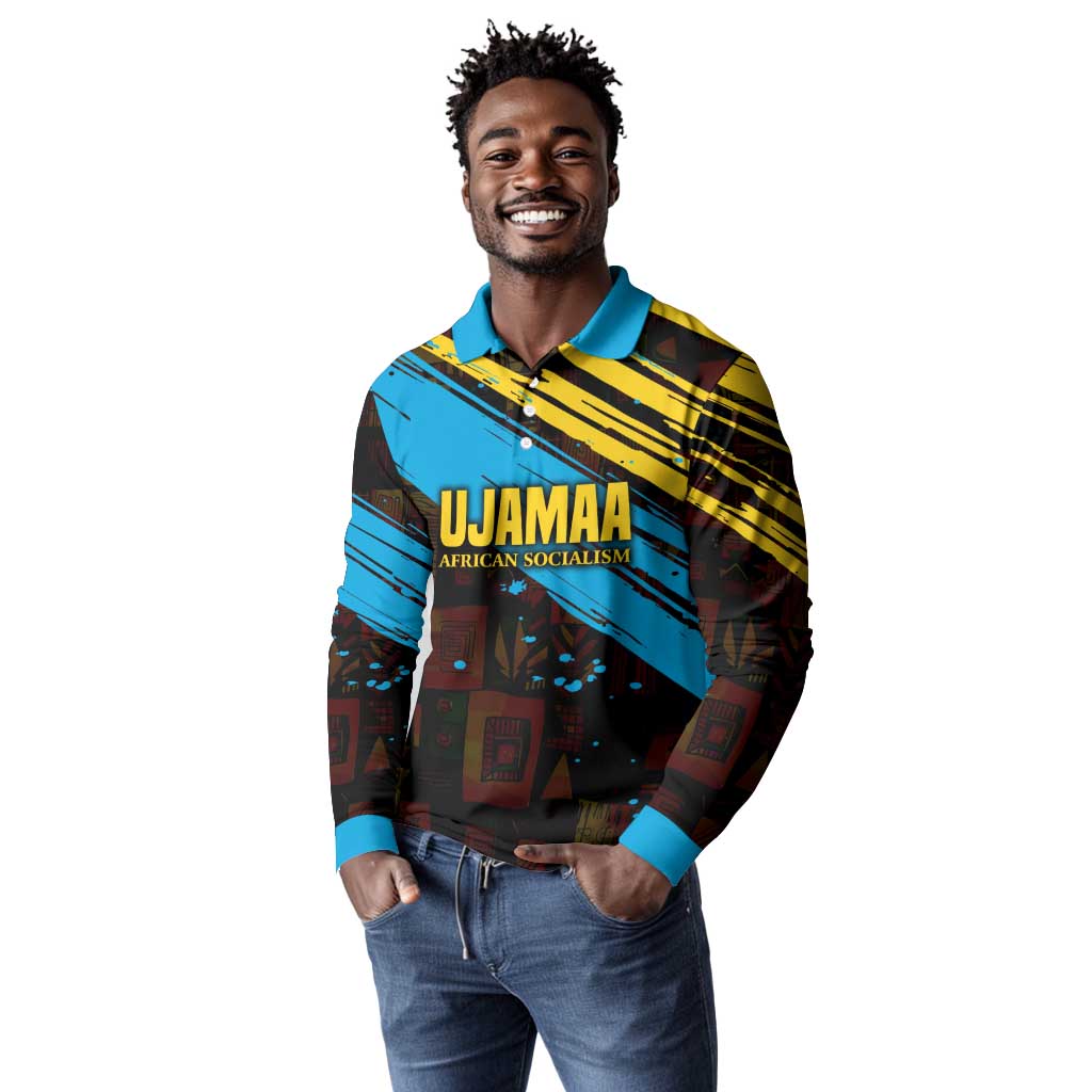 Julius Nyerere Long Sleeve Polo Shirt Ujamaa African Socialism Text and Bold Striped Pattern - African Pride