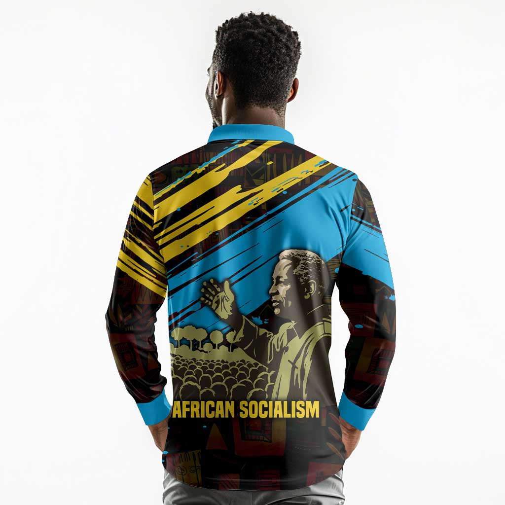 Julius Nyerere Long Sleeve Polo Shirt Ujamaa African Socialism Text and Bold Striped Pattern - African Pride