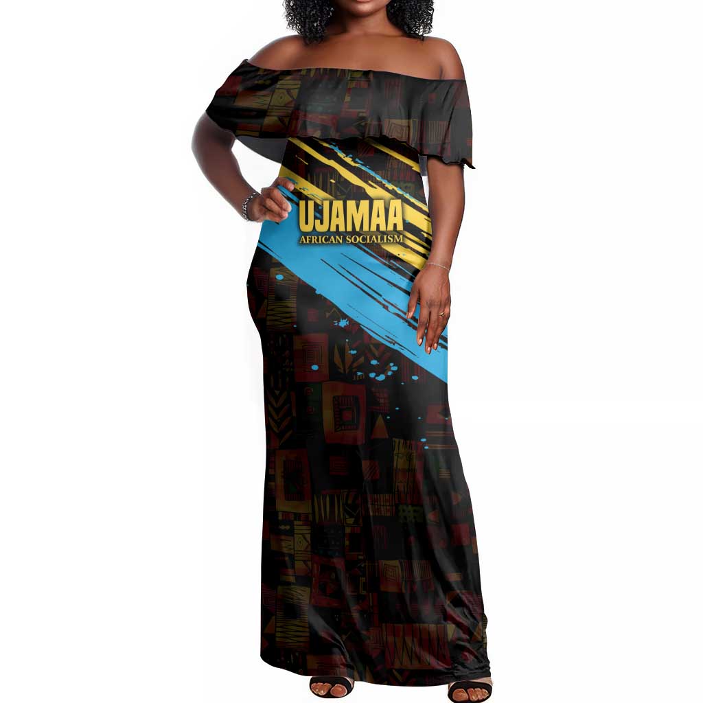 Julius Nyerere Off Shoulder Maxi Dress Ujamaa African Socialism Text and Bold Striped Pattern - African Pride