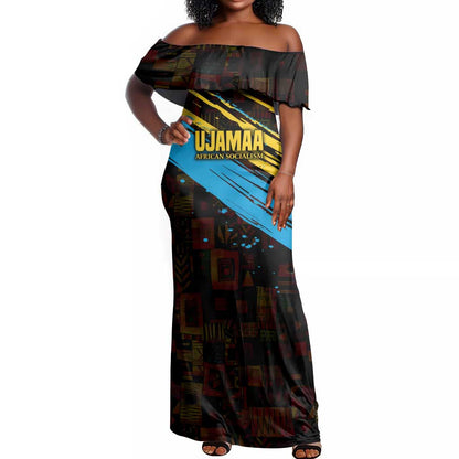 Julius Nyerere Off Shoulder Maxi Dress Ujamaa African Socialism Text and Bold Striped Pattern - African Pride