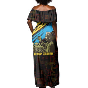 Julius Nyerere Off Shoulder Maxi Dress Ujamaa African Socialism Text and Bold Striped Pattern - African Pride