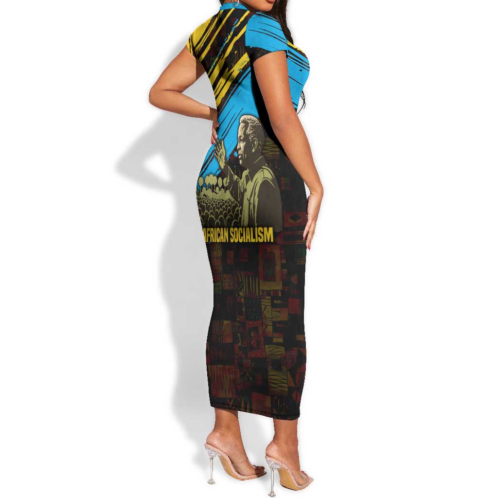 Julius Nyerere Short Sleeve Bodycon Dress Ujamaa African Socialism Text and Bold Striped Pattern - African Pride