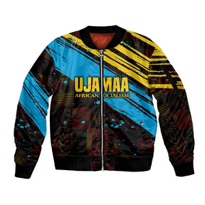 Julius Nyerere Sleeve Zip Bomber Jacket Ujamaa African Socialism Text and Bold Striped Pattern - African Pride