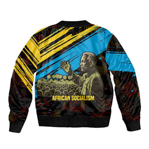 Julius Nyerere Sleeve Zip Bomber Jacket Ujamaa African Socialism Text and Bold Striped Pattern - African Pride