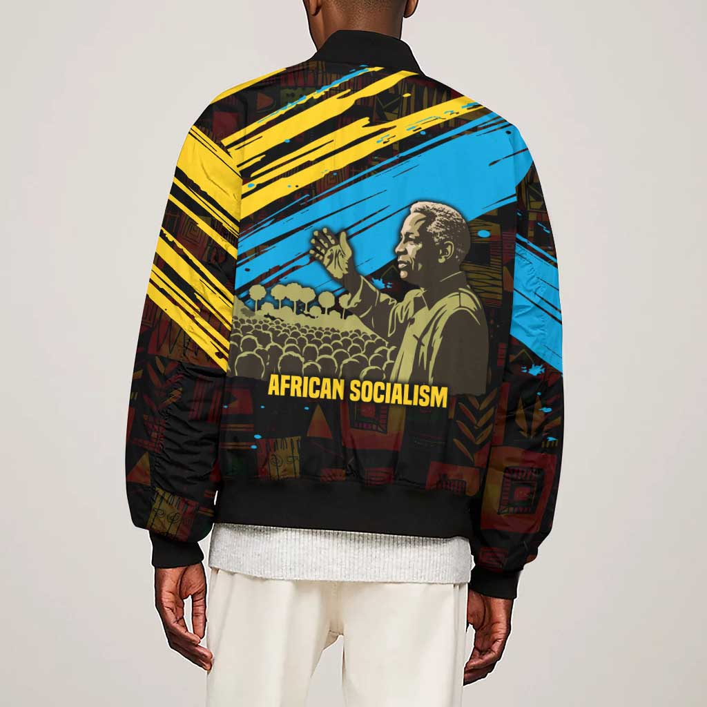 Julius Nyerere Sleeve Zip Bomber Jacket Ujamaa African Socialism Text and Bold Striped Pattern - African Pride