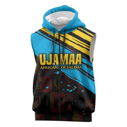 Julius Nyerere Sleeveless Zip Hoodie Ujamaa African Socialism Text and Bold Striped Pattern - African Pride