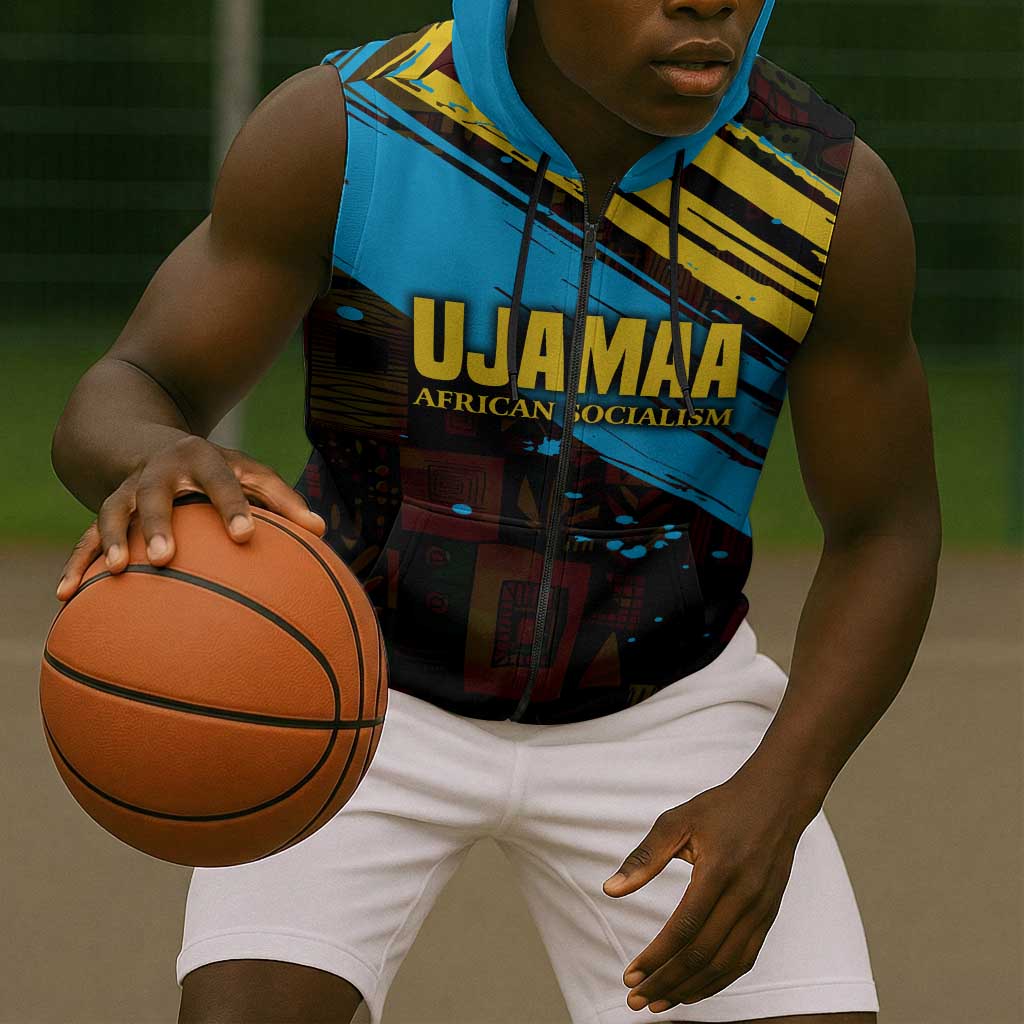 Julius Nyerere Sleeveless Zip Hoodie Ujamaa African Socialism Text and Bold Striped Pattern - African Pride