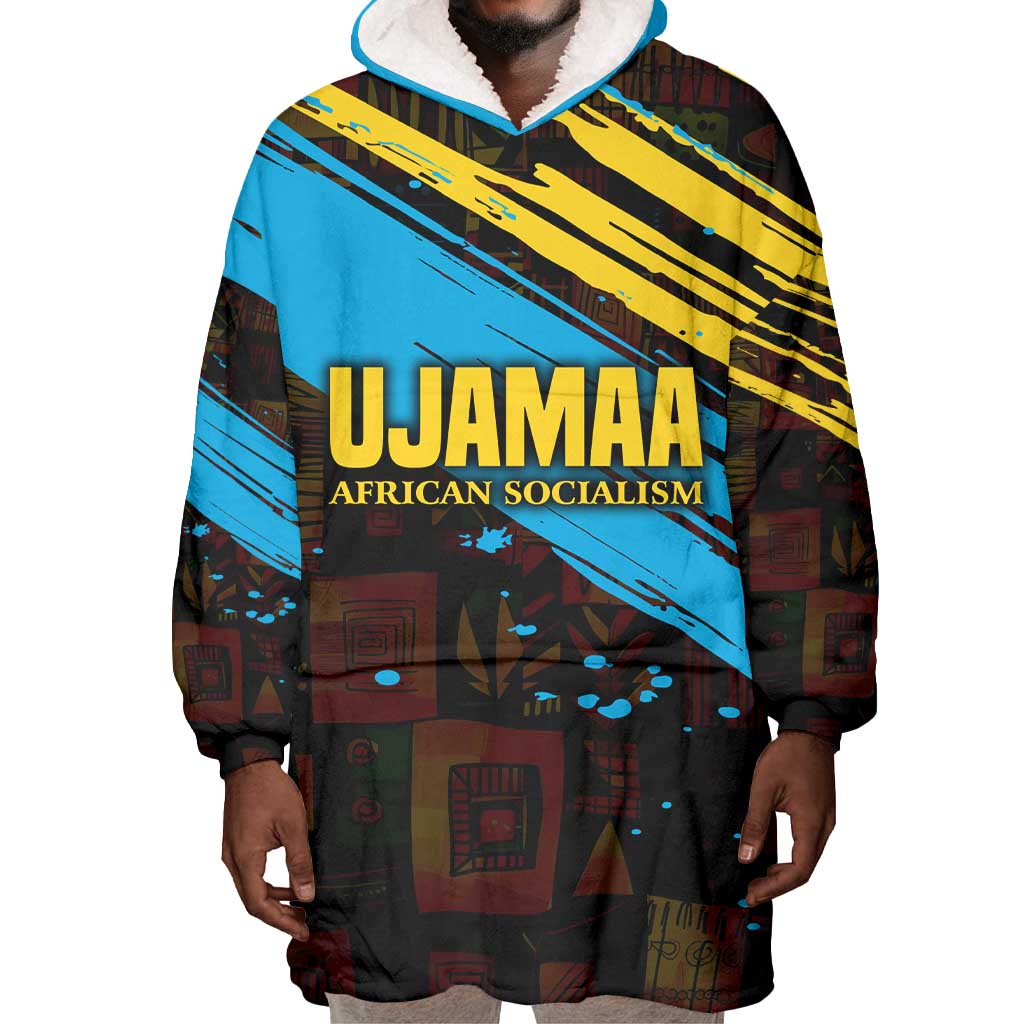 Julius Nyerere Wearable Blanket Hoodie Ujamaa African Socialism Text and Bold Striped Pattern - African Pride