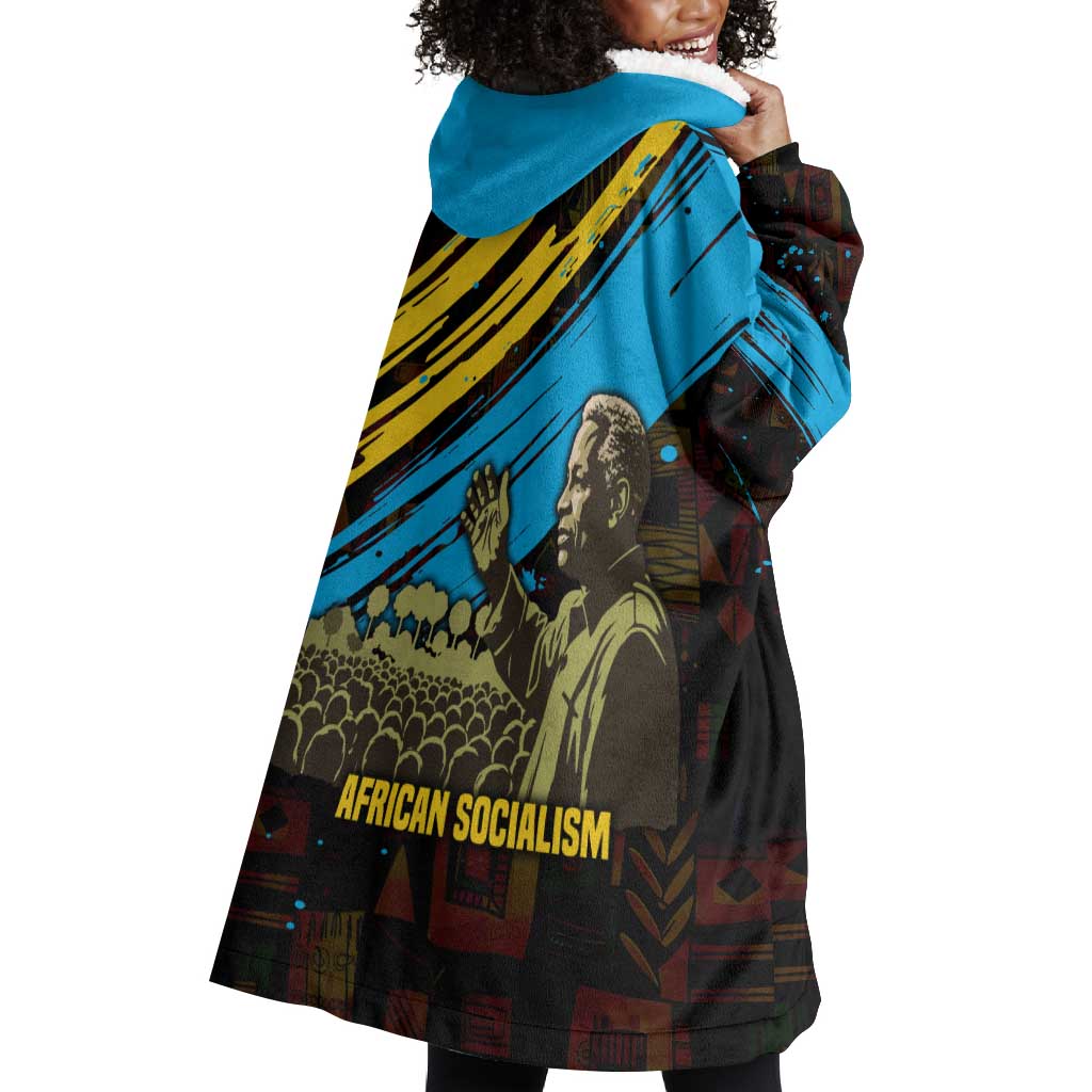 Julius Nyerere Wearable Blanket Hoodie Ujamaa African Socialism Text and Bold Striped Pattern - African Pride