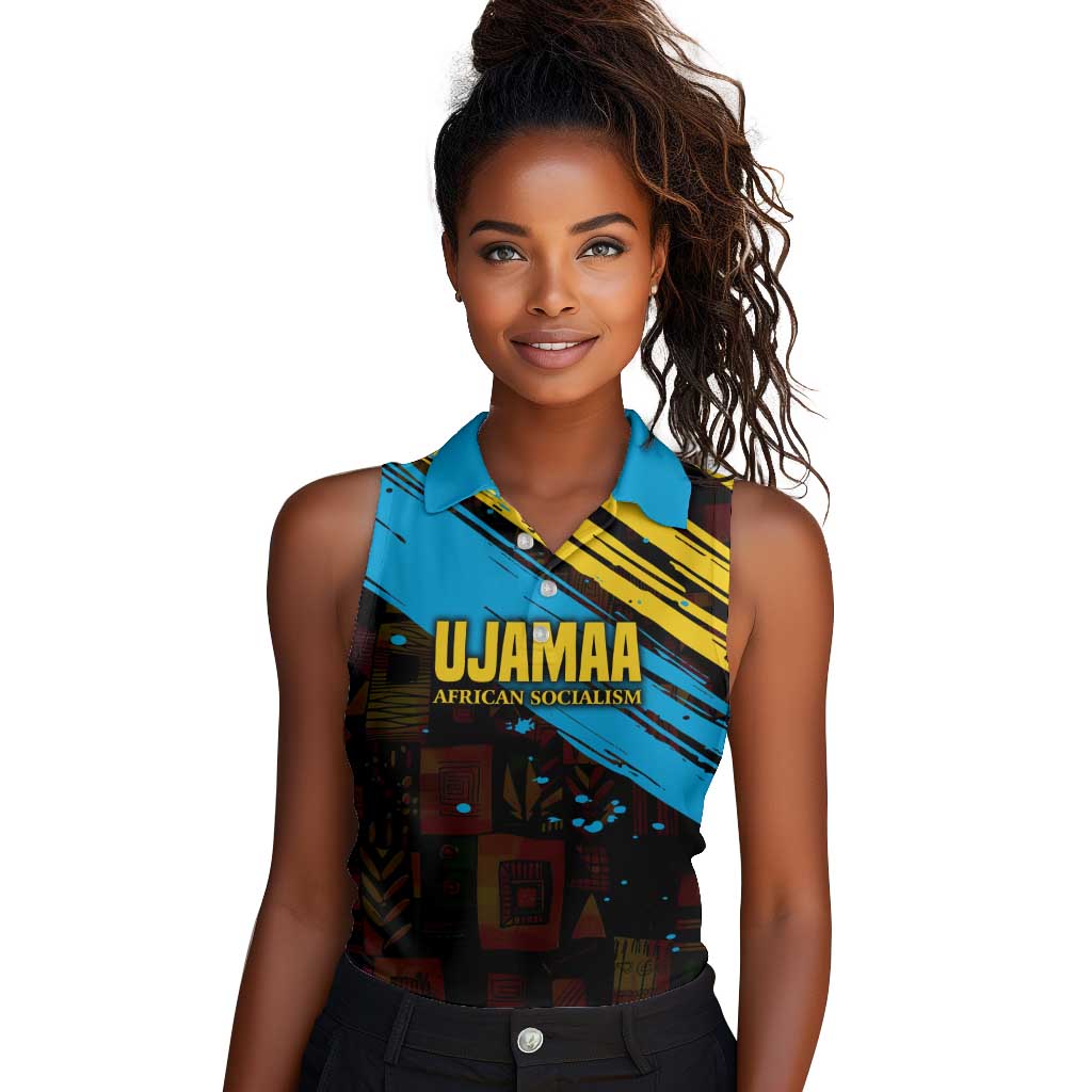 Julius Nyerere Women Sleeveless Polo Shirt Ujamaa African Socialism Text and Bold Striped Pattern - African Pride