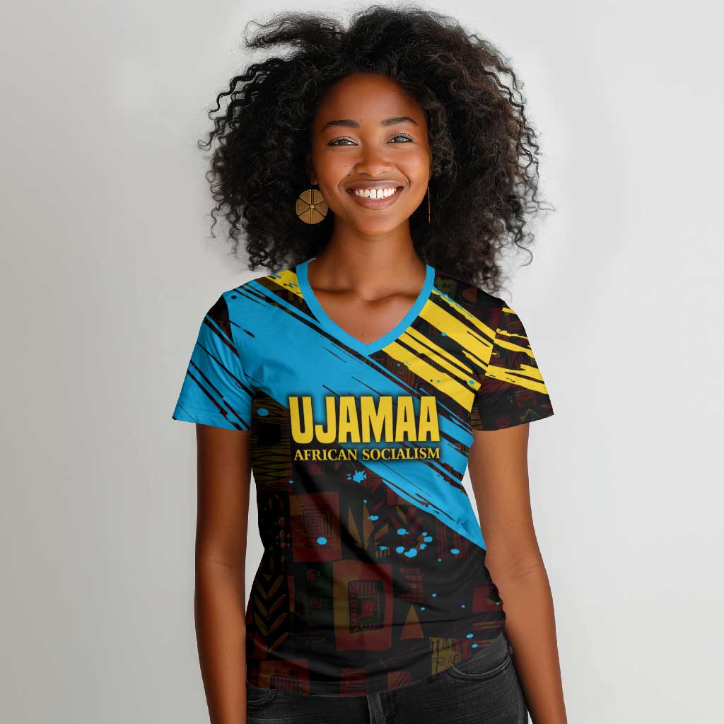 Julius Nyerere Women V-Neck T-Shirt Ujamaa African Socialism Text and Bold Striped Pattern - African Pride