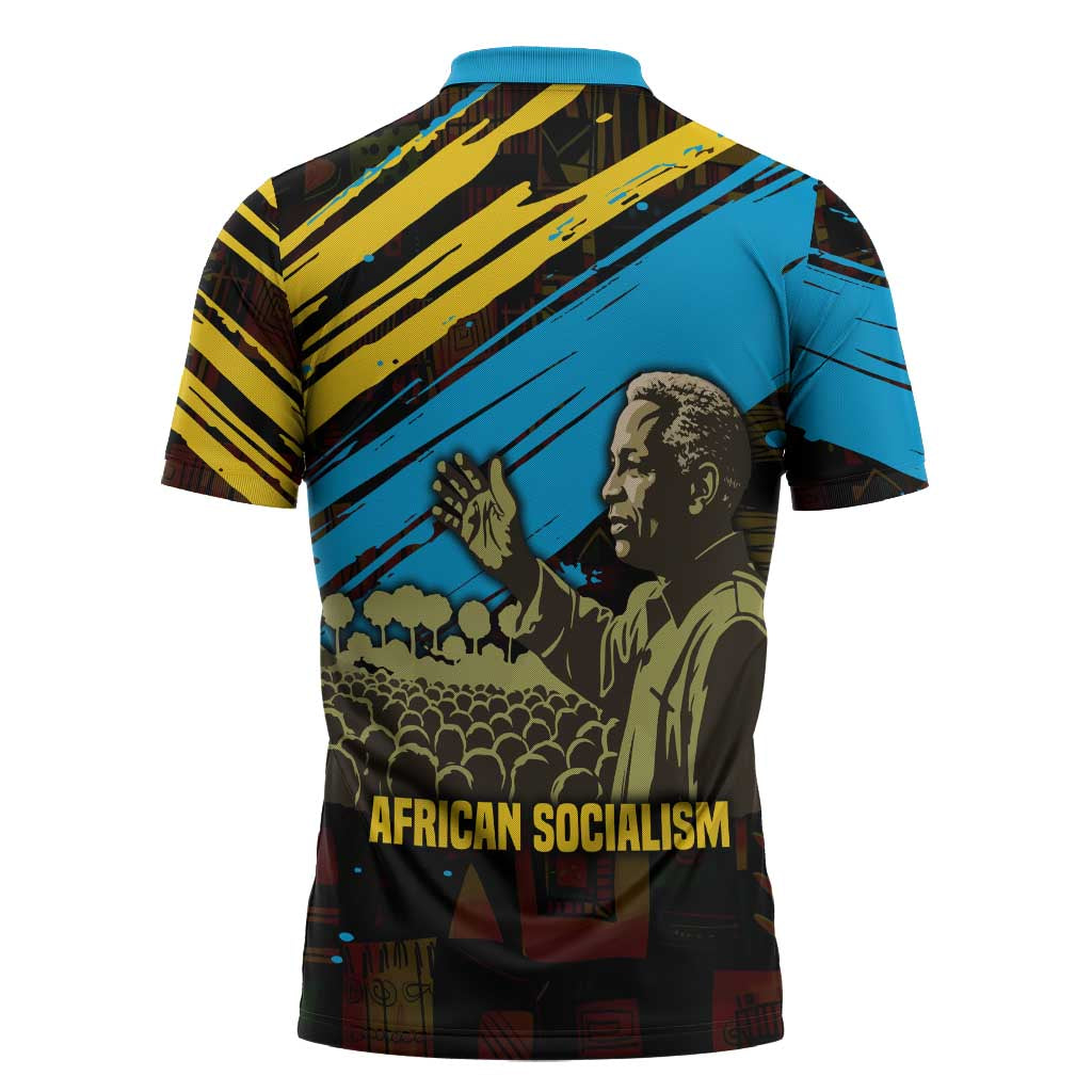 Julius Nyerere Zipper Polo Shirt Ujamaa African Socialism Text and Bold Striped Pattern - African Pride