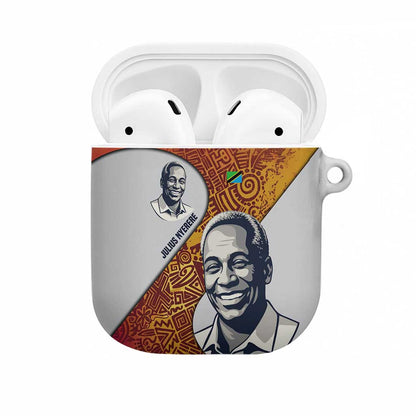 Julius Nyerere AirPods Case with Smiling Portrait, Tribal Pattern and Simplicity is Power Quote - African Pride