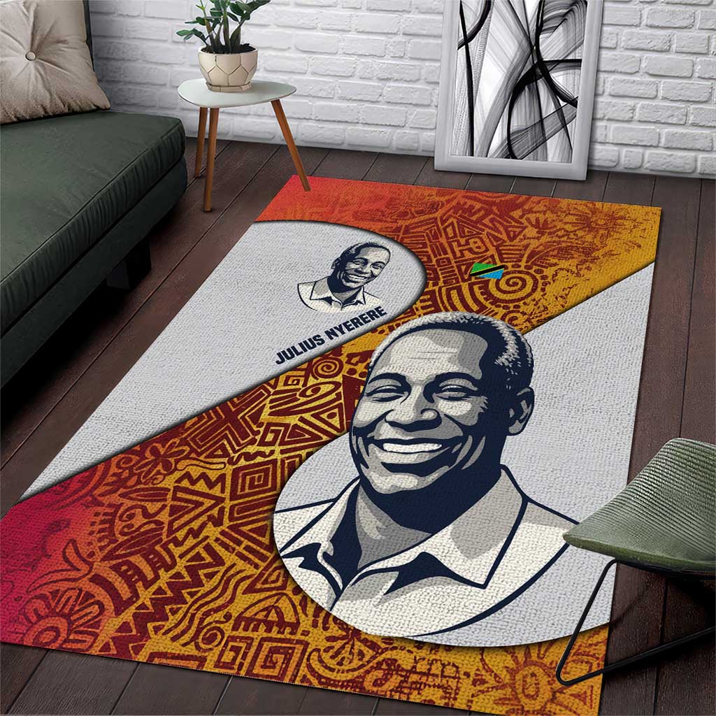 Julius Nyerere Area Rug with Smiling Portrait, Tribal Pattern and Simplicity is Power Quote - African Pride