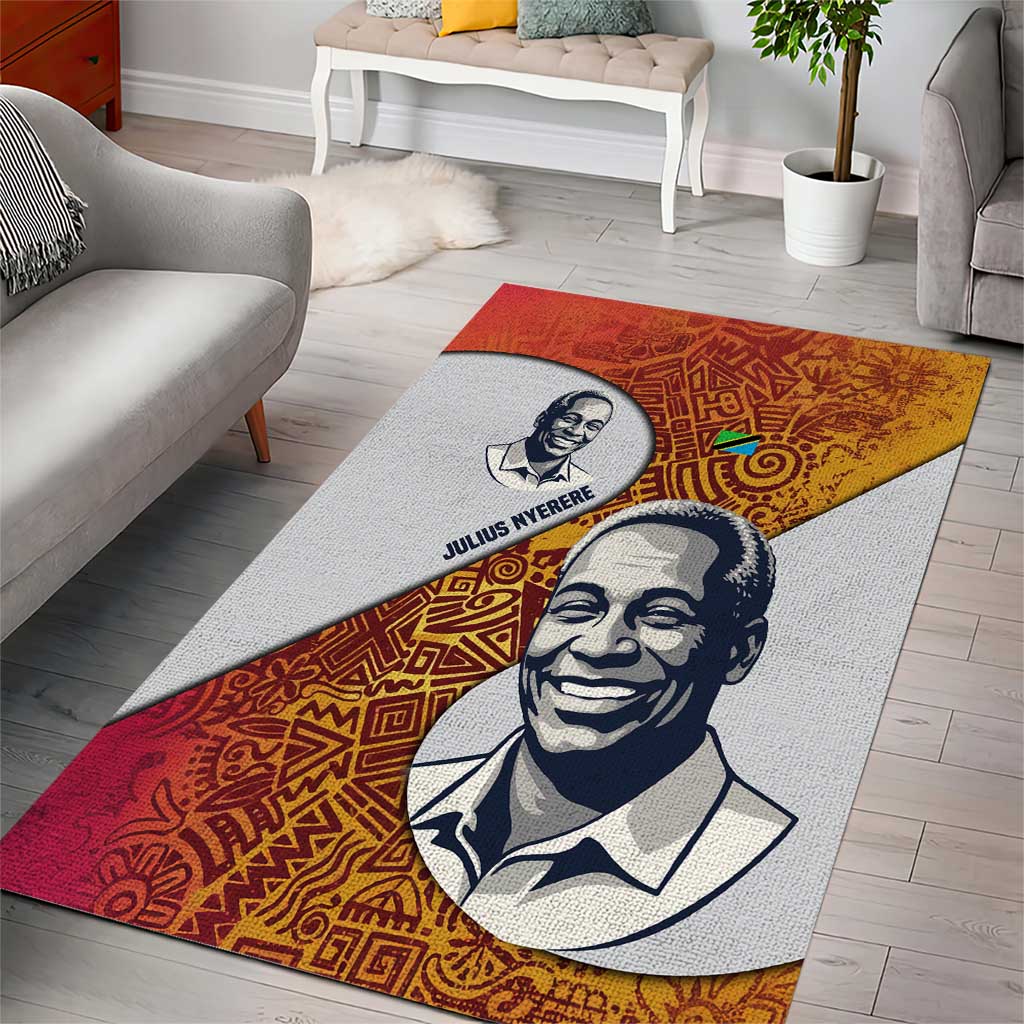 Julius Nyerere Area Rug with Smiling Portrait, Tribal Pattern and Simplicity is Power Quote - African Pride