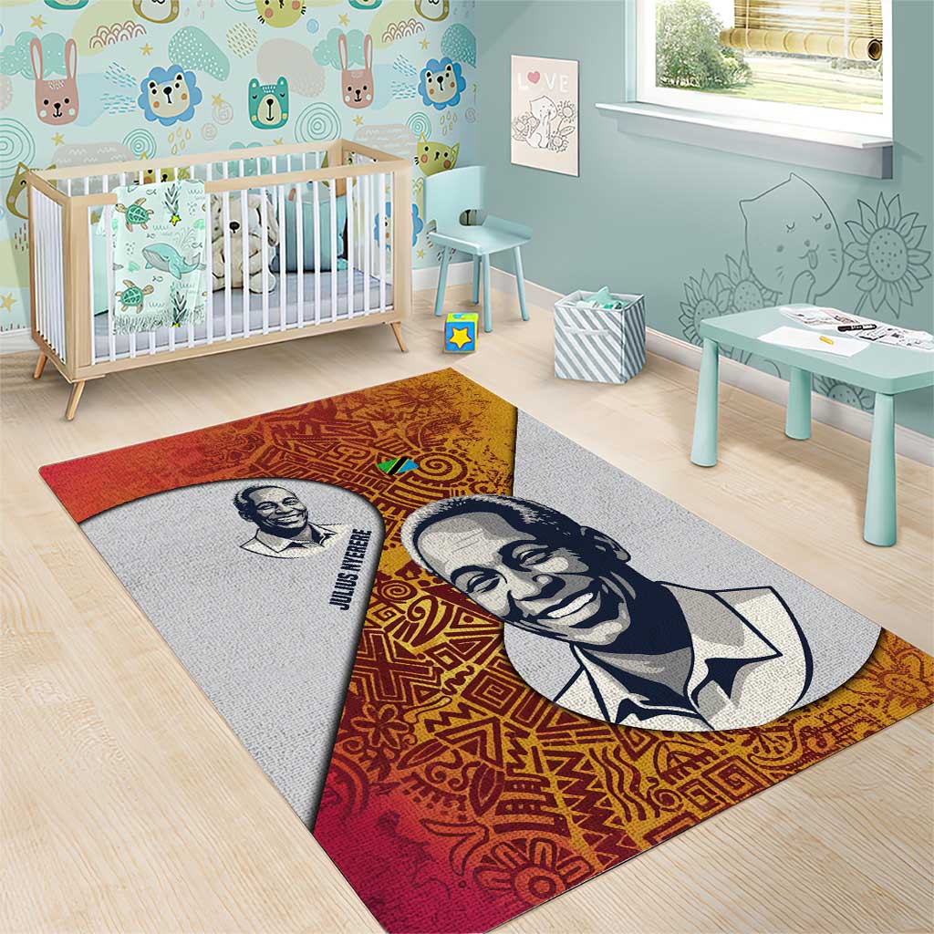 Julius Nyerere Area Rug with Smiling Portrait, Tribal Pattern and Simplicity is Power Quote - African Pride