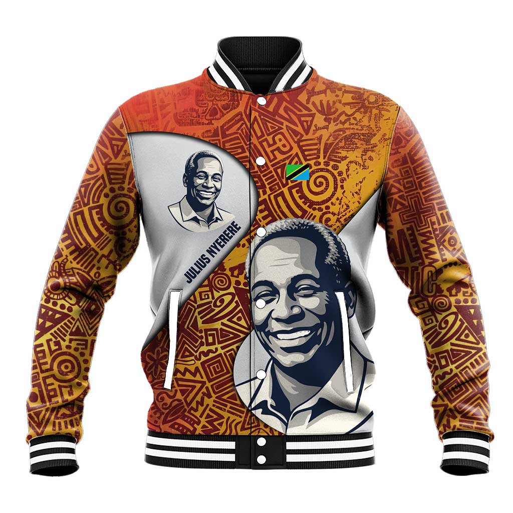 Julius Nyerere Baseball Jacket with Smiling Portrait, Tribal Pattern and Simplicity is Power Quote - African Pride