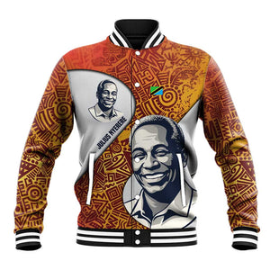 Julius Nyerere Baseball Jacket with Smiling Portrait, Tribal Pattern and Simplicity is Power Quote - African Pride