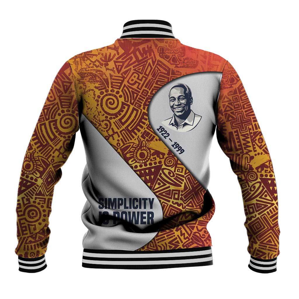 Julius Nyerere Baseball Jacket with Smiling Portrait, Tribal Pattern and Simplicity is Power Quote - African Pride