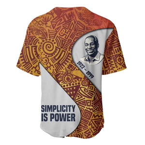 Julius Nyerere Baseball Jersey with Smiling Portrait, Tribal Pattern and Simplicity is Power Quote - African Pride