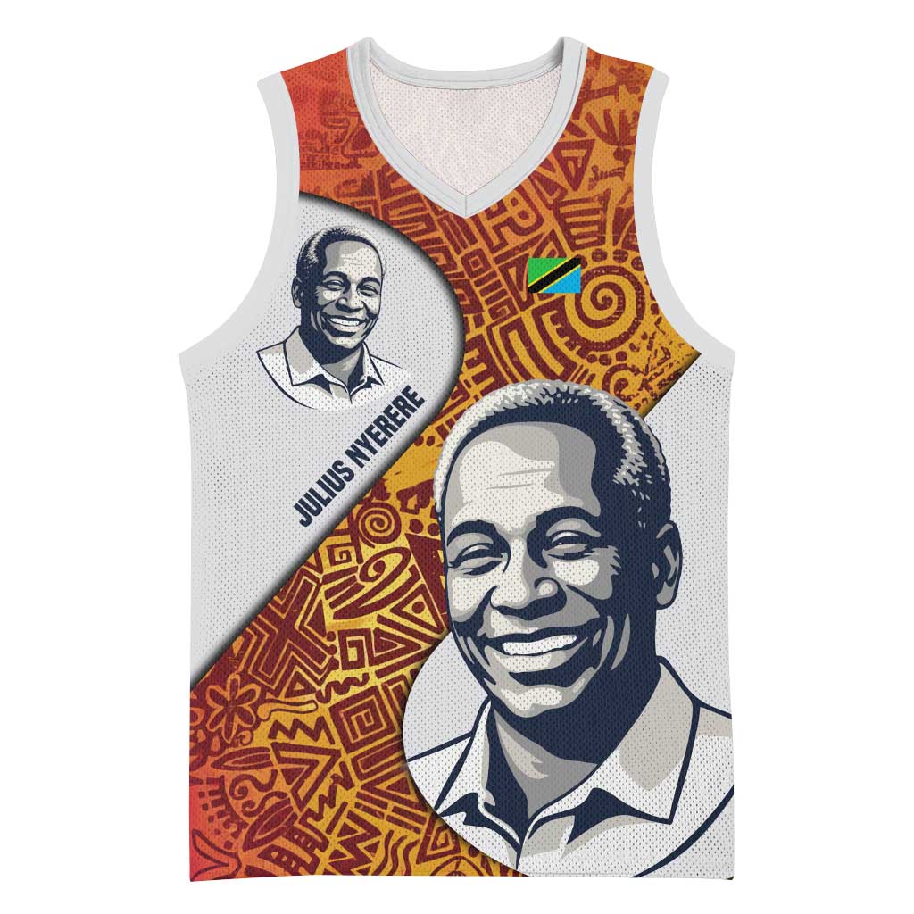 Julius Nyerere Basketball Jersey with Smiling Portrait, Tribal Pattern and Simplicity is Power Quote - African Pride