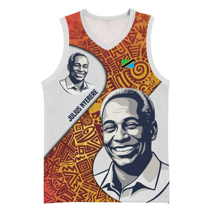 Julius Nyerere Basketball Jersey with Smiling Portrait, Tribal Pattern and Simplicity is Power Quote - African Pride