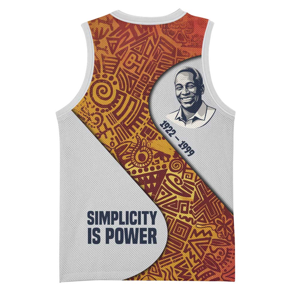Julius Nyerere Basketball Jersey with Smiling Portrait, Tribal Pattern and Simplicity is Power Quote - African Pride
